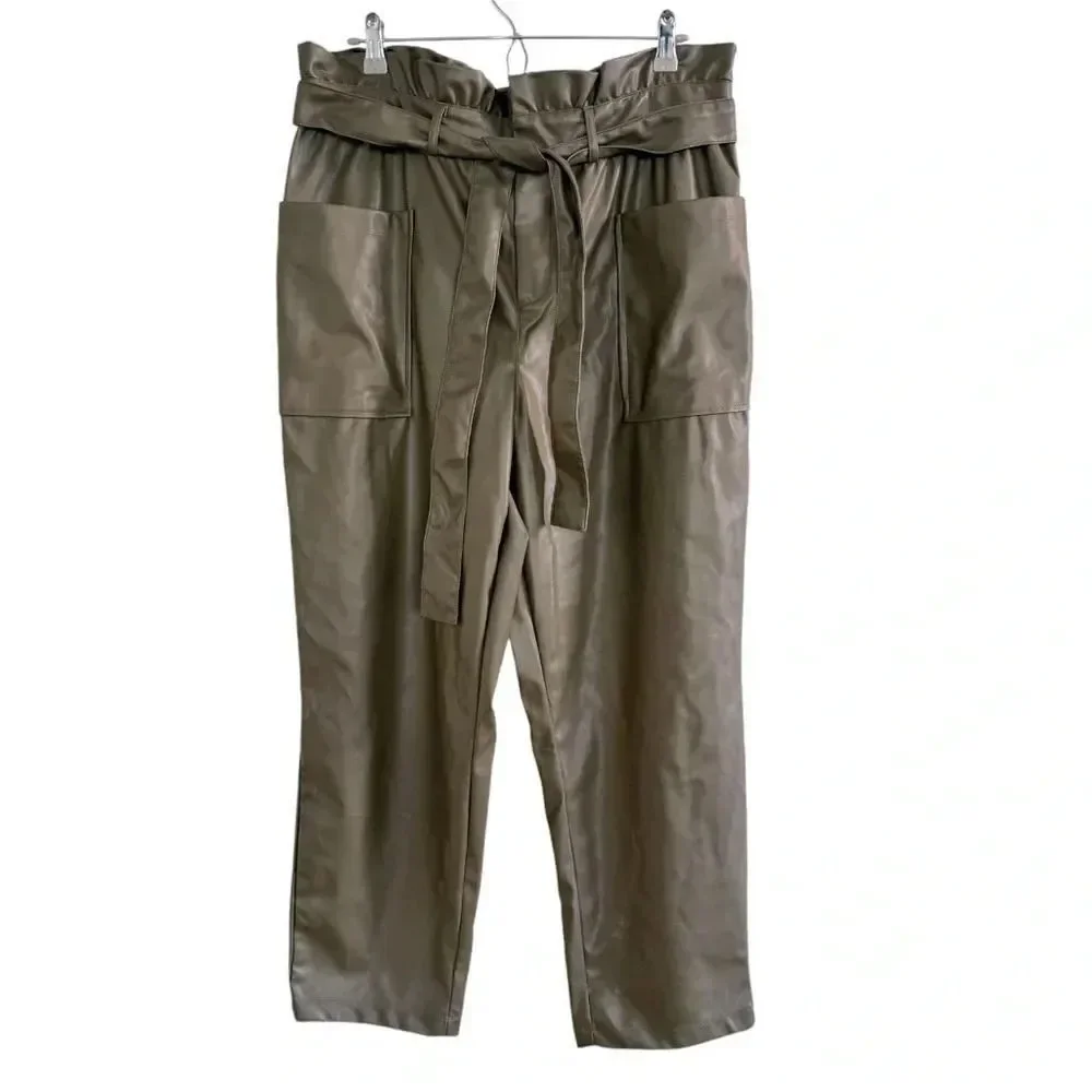 Who What Wear Olive Green Ankle Pants Belted Faux-Leather Paper Bag Trouser 16 - Picture 4 of 14